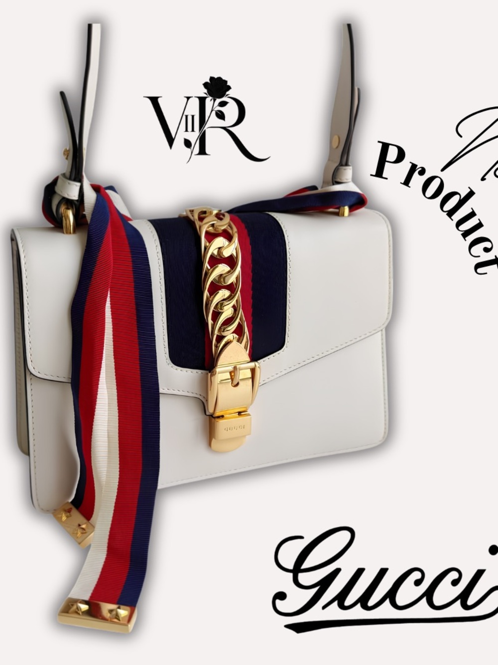 Gucci Sylvie White Cowhide Chain Shoulder Bag with Ribbon w/Auth Certificate